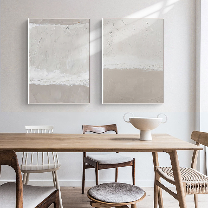 沈白日本式の寂しい赤貧乏風の装飾画の客間のソファーの背景の壁画の双連の抽象的な色の塊のベージュ色の掛け画