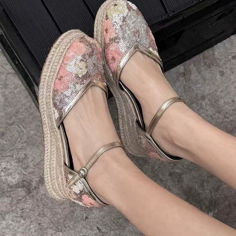 Женские босоножки на танкетке с блестками, толстая подошва для увеличения роста, дышащая повседневная одежда ручной работы, новые летние модные женские сандалии.