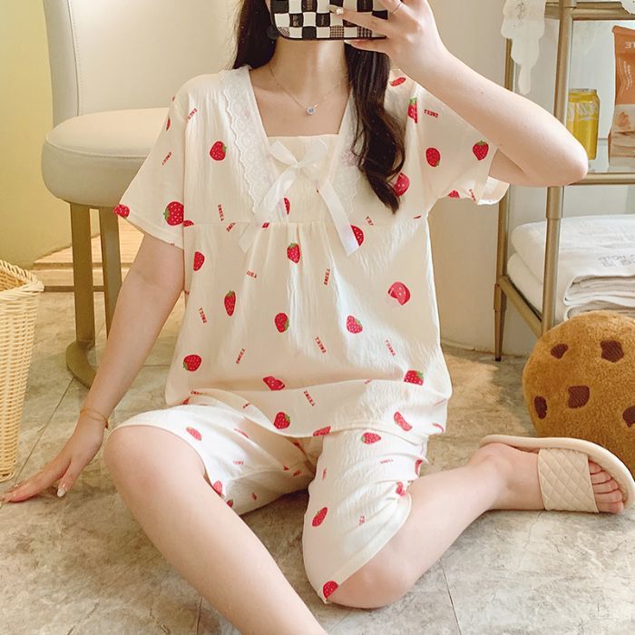 Pijamas transfronterizos al por mayor para mujer verano nube de algodón con cuello en V encaje de encaje de manga corta pantalones cortos de dos piezas servicio a domicilio informal