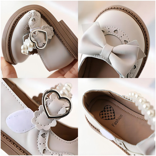 Children's Leather Shoes 2024 Spring New Girls Princess Shoes Fashion Bow Pearl Single Shoes Girls Shoes Cross-Border