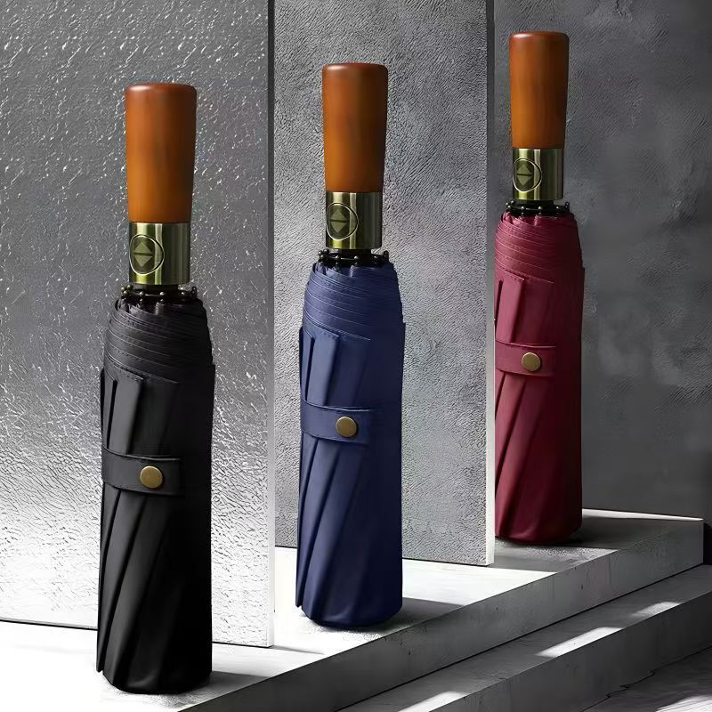 High-end automatic umbrella with solid wood handle, black-coated UV protection, foldable sunshade umbrella for both sunny and rainy use, advertising umbrella