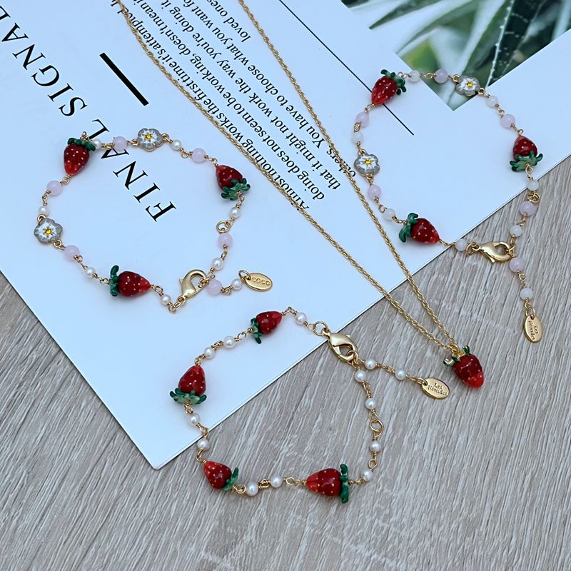 14g Weight Jewelry Set Classification cable chain Chain Type 1 Piece Quantity Daily Occasion natural stone, Enamel Glaze, Copper Material Strawberry Pattern All Seasons Season Women's Gender Plating Design Sweet Style Sweet Strawberry Natural Stone Enamel Glaze Copper Cable Chain Jewelry Set In Bulk 1