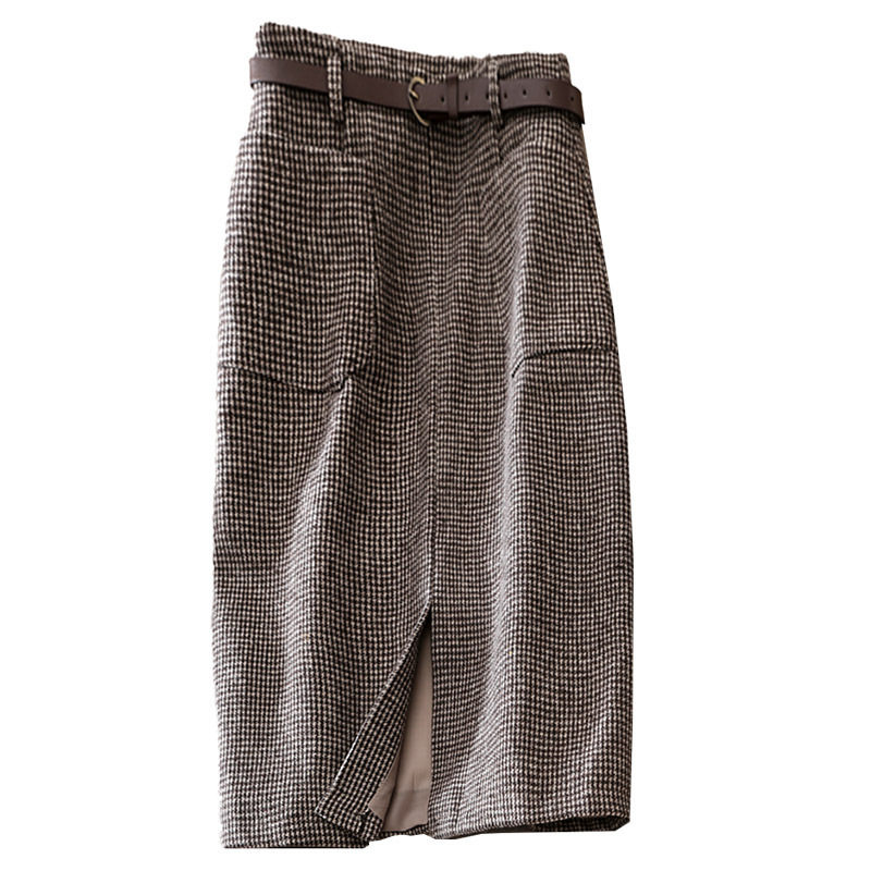 Chân váy nữ ca rô houndstooth cạp cao xẻ tà dáng ôm tôn dáng — Ca rô, Màu xám