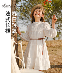 女童法式米白色連衣裙2024春裝新款中大童蕾絲花邊洋氣兒童公主裙