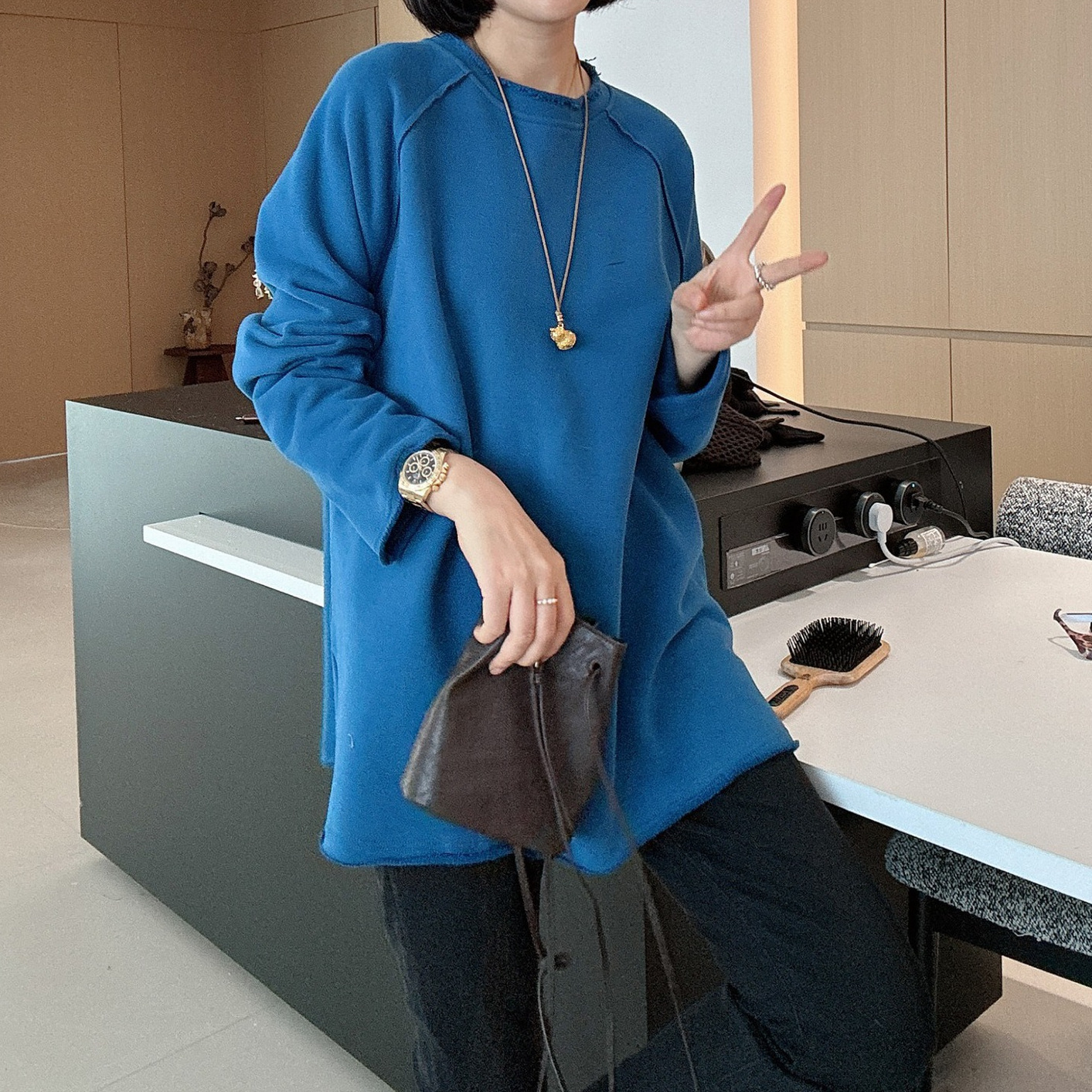秋冬宽松百搭显瘦毛边加厚加绒圆领中长款卫衣孔雀蓝深蓝色其他