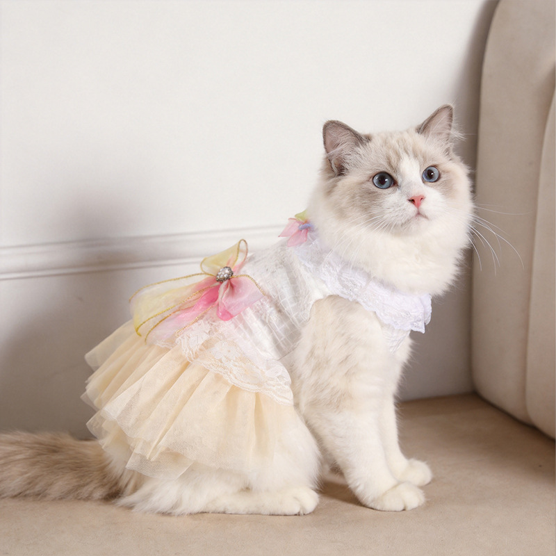 Pet Princess Summer Gradient Bow Lace Mesh Small Dog Cat Puffy Dress_voghion.com