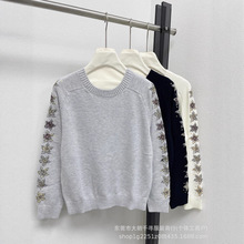 25早秋新款南油高定D+简约轻奢名媛星星花卉刺绣圆领针织衫毛衣女