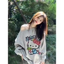 美式彩色kitty猫斜肩卫衣长袖女春秋新款宽松设计感辣妹露肩上衣