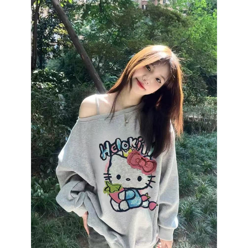 美式彩色kitty猫斜肩卫衣长袖女春秋新款宽松设计感辣妹露肩上衣