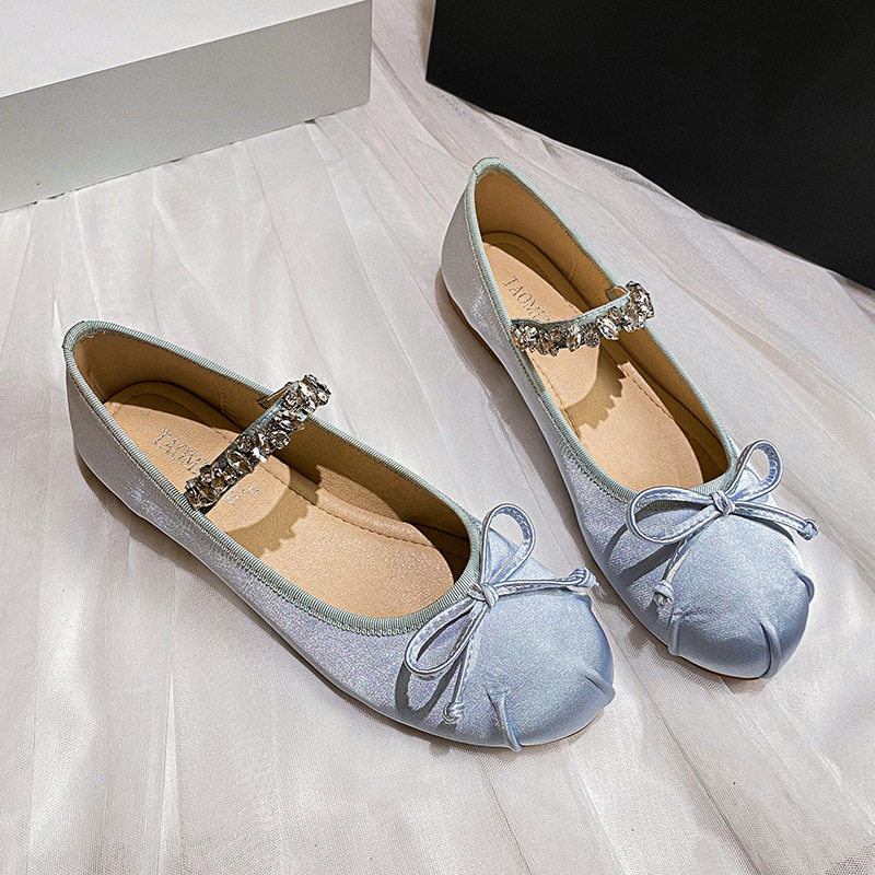Giày búp bê nữ Mary Jane mũi tròn đế bằng, gót thấp 1–3 cm — Lụa thật màu hồng, Lụa thật màu trắng, Màu xanh lam lụa thật