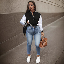 2024跨境秋季欧美时尚女装拼色夹克单排扣纯色棒球服运动外套夹克