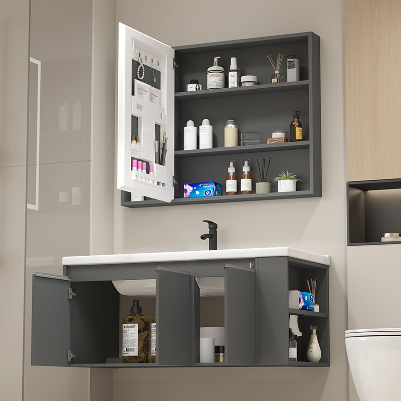 gabinete de baño de panal de aluminio espacial combinado con cuadrícula de borde integrado lavabo cerámico lavabo gabinete estante de almacenamiento lateral