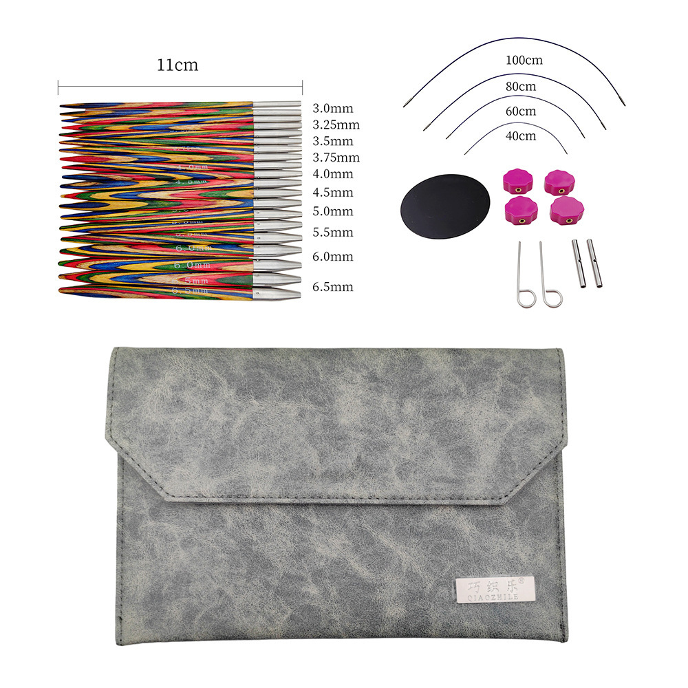 Herramientas de tejido nuevo color abedul madera sintética suéter aguja desmontable aguja de anillo un conjunto de 10 bolsas PU