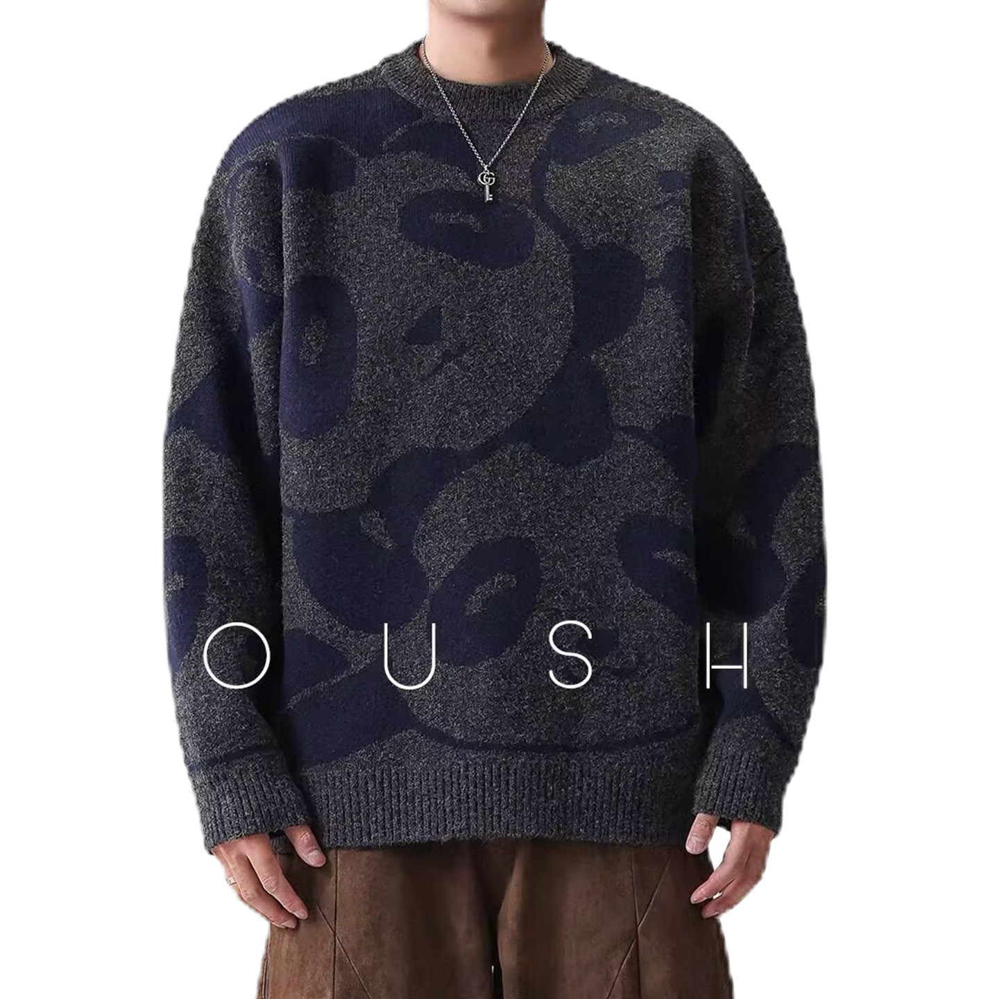 Explosiones transfronterizas de tamaño grande panda impresa Jacquard suéter de punto hombre con fábrica de suéter de otoño y invierno mayorista