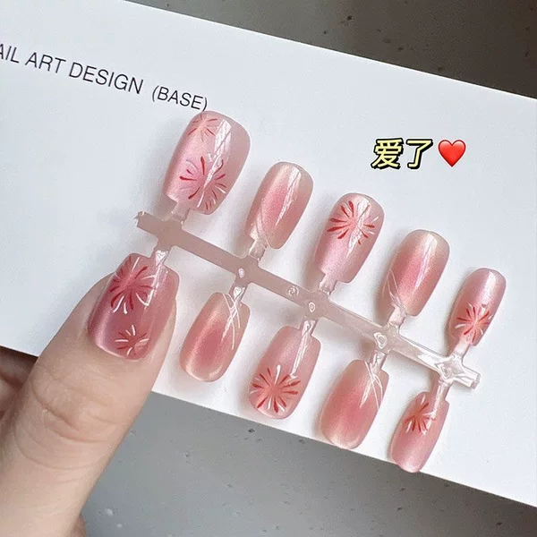 Nude Pink Fireworks Cat Eye Collection Wearable Nails to Follow the Light Nails to Whiten Pure Handmade Manicure Patches Short Ladder