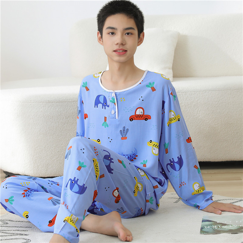 Cotton Silk Pajamas for Boys, Summer Men's Long-Sleeved Cotton Silk Suits for Older Children, Junior High School Students, Teenagers, Men's Home Clothes Cotton Silk Pajamas for Boys, Summer Men's Long-Sleeved Cotton Silk Suits for Older Children, Junior High School Students, Teenagers, Men's Home Clothes