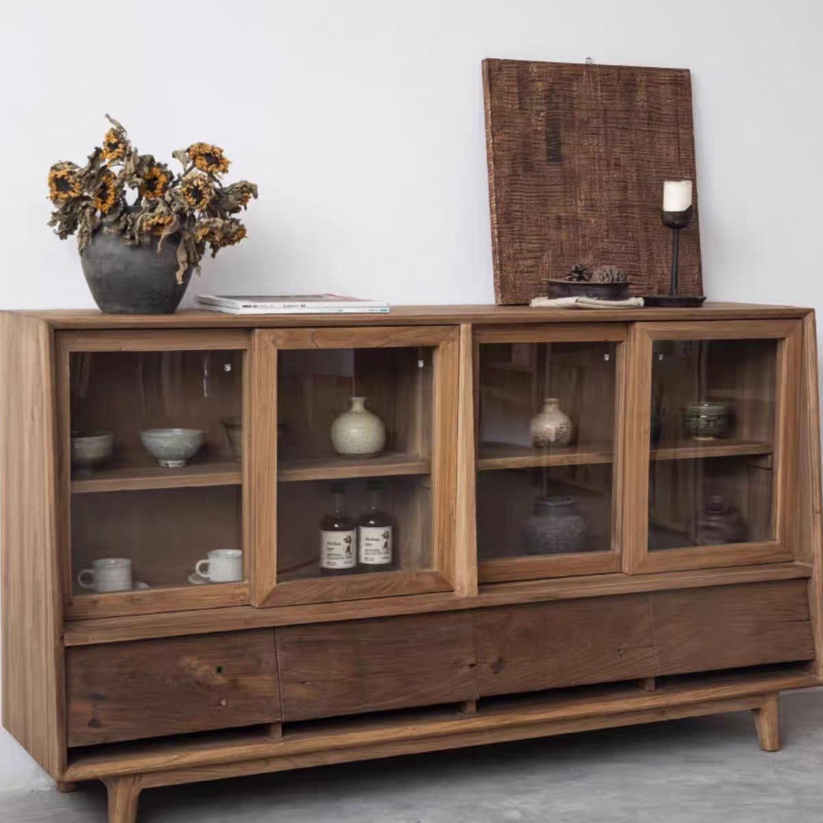 Wabi-Sabi Style Old Elm Sideboard Solid Wood Living Room Wall Tea Cabinet B&B Multi-Functional Display Storage Cabinet