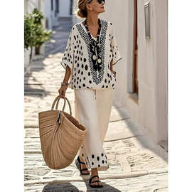 欧美跨境夏季女装新款3D印花条纹拼色中袖圆领上衣直筒休闲套装