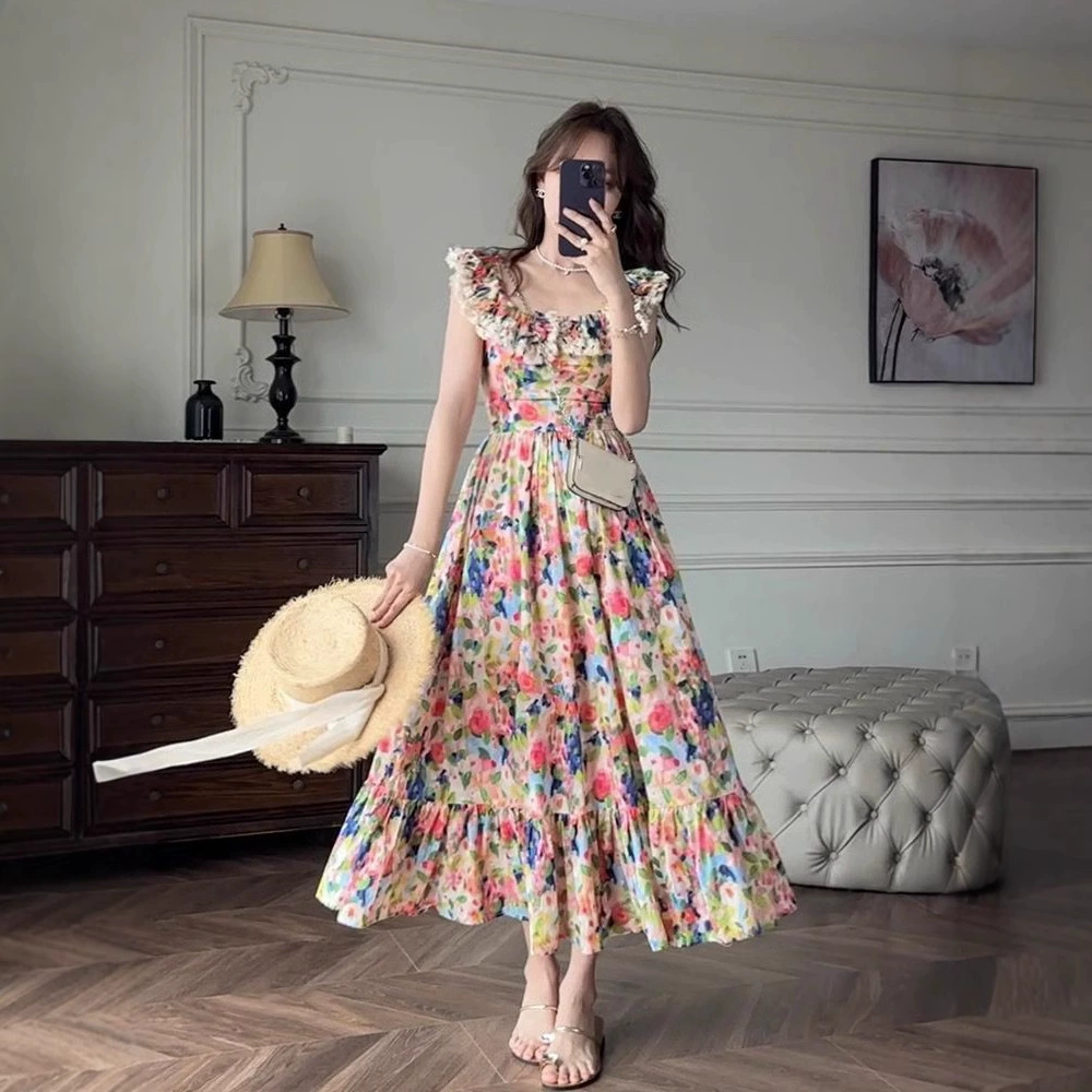 Летнее платье 2025 года для отдыха на море, цветочное, без рукавов, на одно плечо, в стиле французского чаепития, для трансграничной внешнеторговой деятельности.