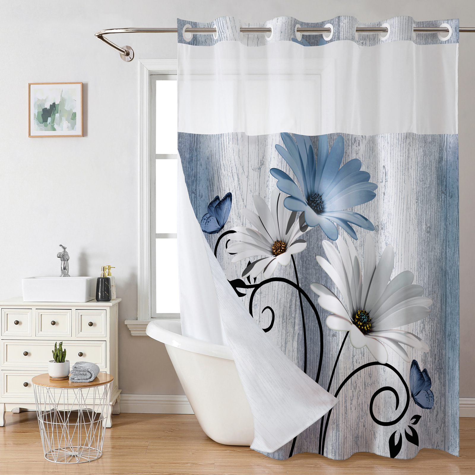 Digital Printing Double Layer Large Ring Daisy Watercolor Flower Shower Curtain suit Bathroom Partition Curtain Bathroom Waterproof Curtain