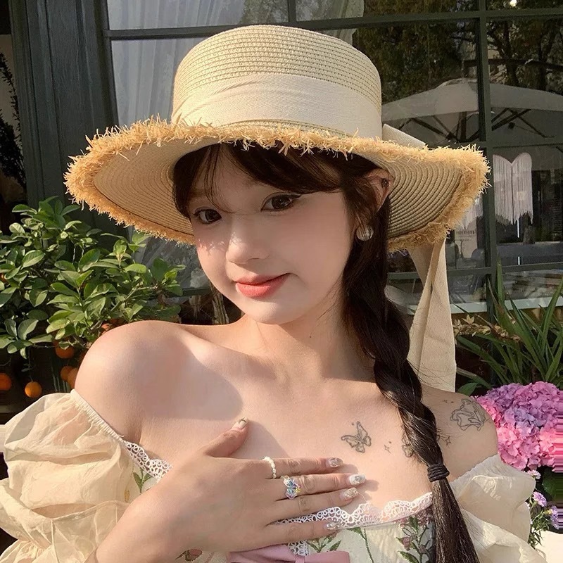 나비 리본 밀짚모자 - 베이지색 쌀끈