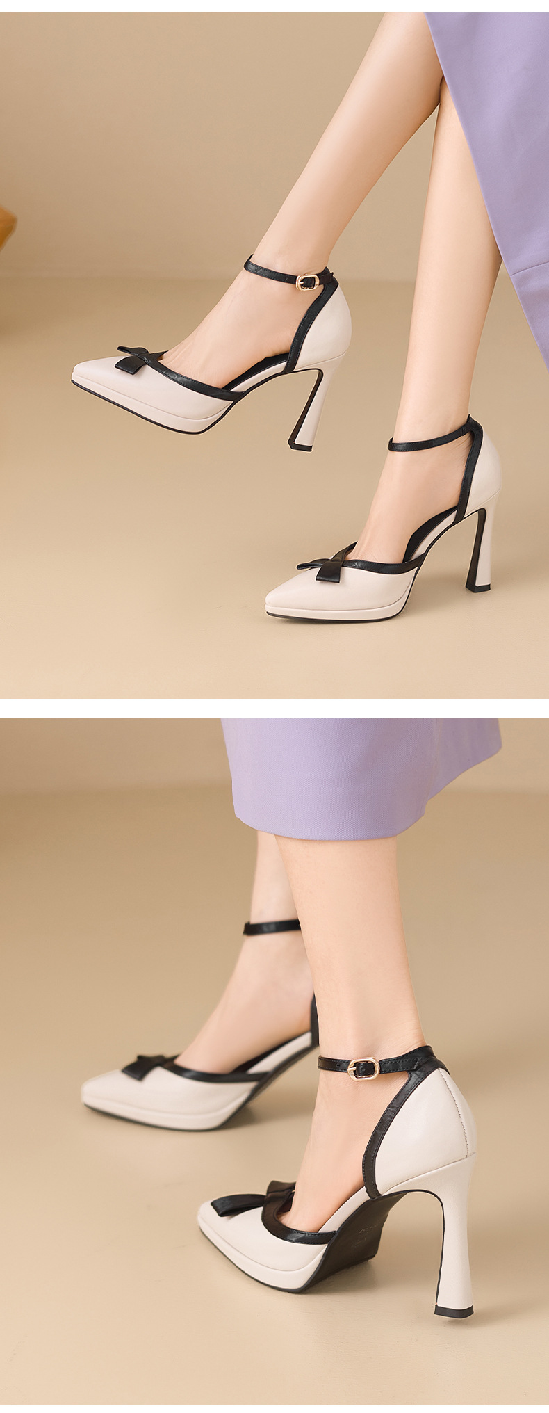 Sandal cao gót nữ phối màu phong cách Chanel, quai một khuy, mũi kín, gót nhọn 9 cm — Rượu vang đỏ, màu trắng ngà chi tiết 6