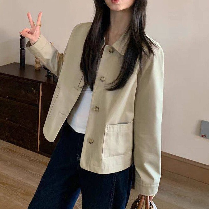 Simple new product, petite women's style, 2026 new model, spring and autumn short jacket, turn-down collar jacket, casual workwear coat