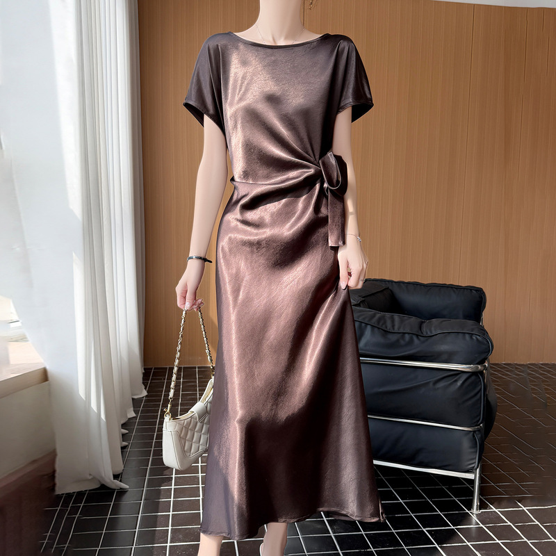 Women's Round-Neck Silky Satin Three-Quarter Sleeve Dress with Waist-Cinching Slimming Tie Design, Long Skirt with Breathable and Lightweight Feel
