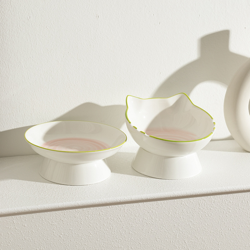 고양이 귀 핑크색 원형 경사 그릇 + 핑크색 원형 음식 접시