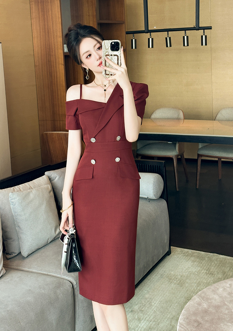 Đầm liền thân nữ trễ vai ôm dáng dài ngang đùi kiểu Pháp — Màu đỏ son chi tiết 5