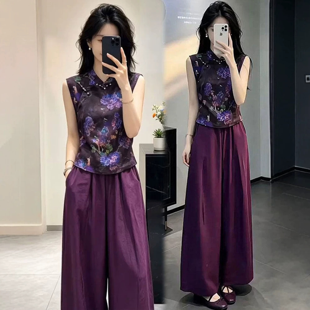 New Chinese style women's summer new fashionable slimming printed sleeveless shirt and wide-leg pants two-piece set