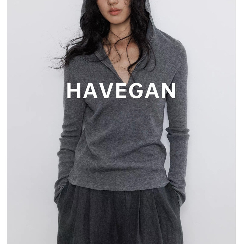 Havegan/Autumn Hooded Wool Long-Sleeved Knitwear Women's Bottoming Pure Color Lazy Elastic Casual Top