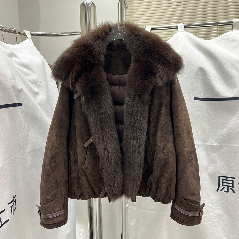 New autumn and winter cross-border suede down jacket with real fox fur large collar, short style, women's biker parka New autumn and winter cross-border suede down jacket with real fox fur large collar, short style, women's biker parka