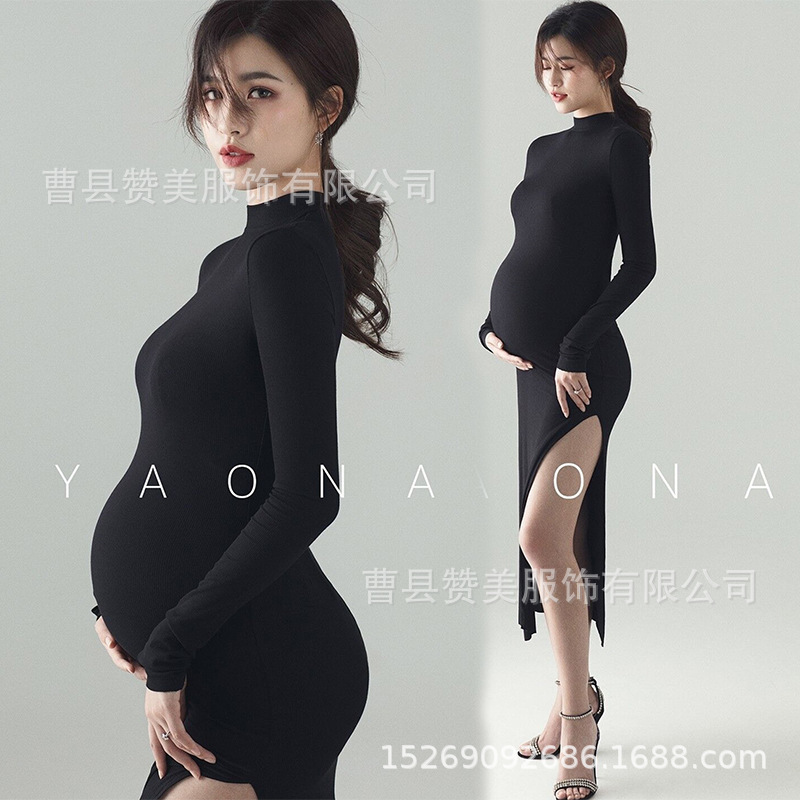 Pregnant women's photography clothing new studio black slimming fashion plus size knitted pregnant women's dress art photo photo clothing