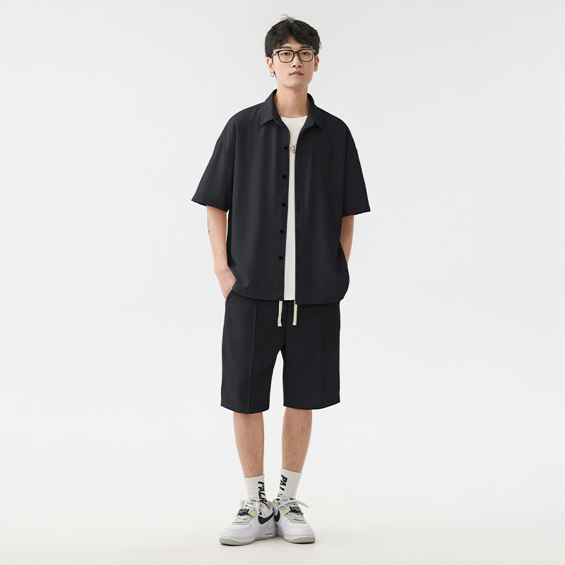 2023 Summer New Ice Silk Elastic Breathable Loose Breathable Shirt Shorts Men's Casual Sports Suit