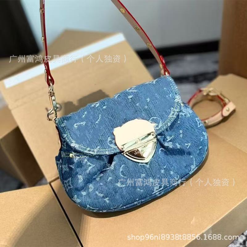 外贸跨境直供老花新款水洗牛仔单肩女包樱桃包腋下包小猪包元宝包|undefined