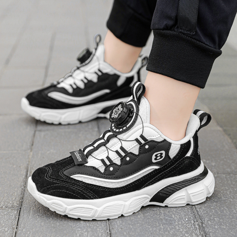 Children's Sports Shoes 2023 Autumn/Winter, Boys' Leather Surface Breathable Sports Shoes, Girls' Running Shoes, Student Rotation Button Shoes