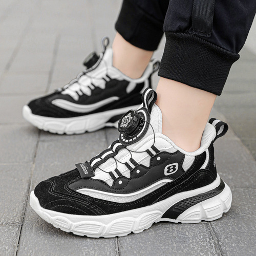 Children's Sports Shoes  Autumn/Winter, Boys' Leather Surface Breathable Sports Shoes, Girls' Running Shoes, Student Rotation Button Shoes