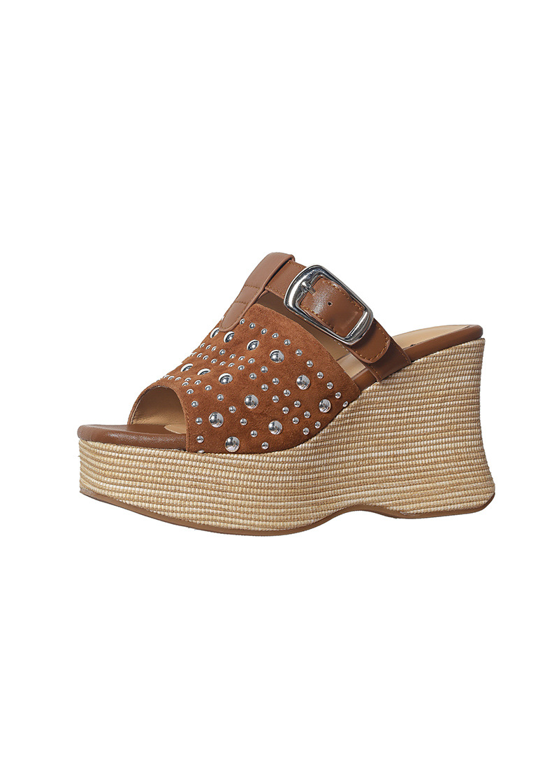 Sandal đế xuồng cao gót 9 cm da bò đinh tán quai ngang mũi hở phong cách boho — màu nâu, màu mơ chi tiết 18