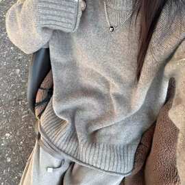 慵懒风羊毛衫女2026秋冬新款圆领加厚针织衫宽松羊绒打底毛衣
