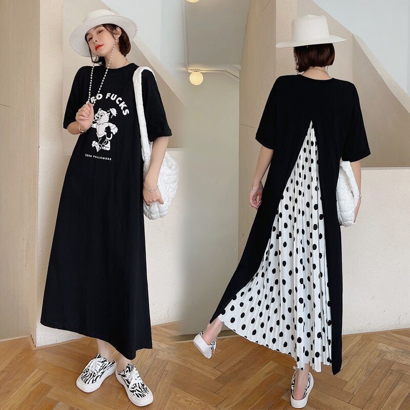Plus-Size Maternity Long Dress for Summer, Loose Fit, Conceals Belly and Hides Imperfections, Slimming Effect, Patchwork Polka Dot T-Shirt Dress Plus-Size Maternity Long Dress for Summer, Loose Fit, Conceals Belly and Hides Imperfections, Slimming Effect, Patchwork Polka Dot T-Shirt Dress