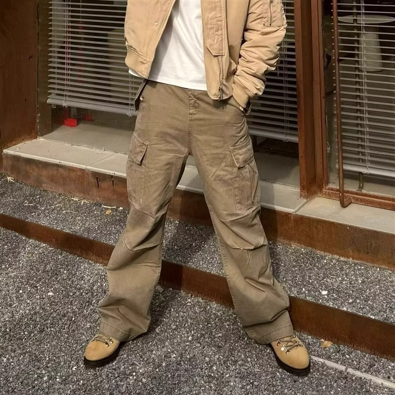American High Street Style Vintage Loose Straight Multi-Pocket Workwear Casual Pants for Men Wide-Leg Long Trousers