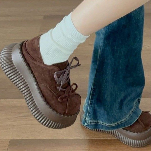 Ethnic Brogue Shoe Sole, Mid-Heel (-cm), Low-Cut Design, Lace-Up, Square Toe, Deep Rubber Opening