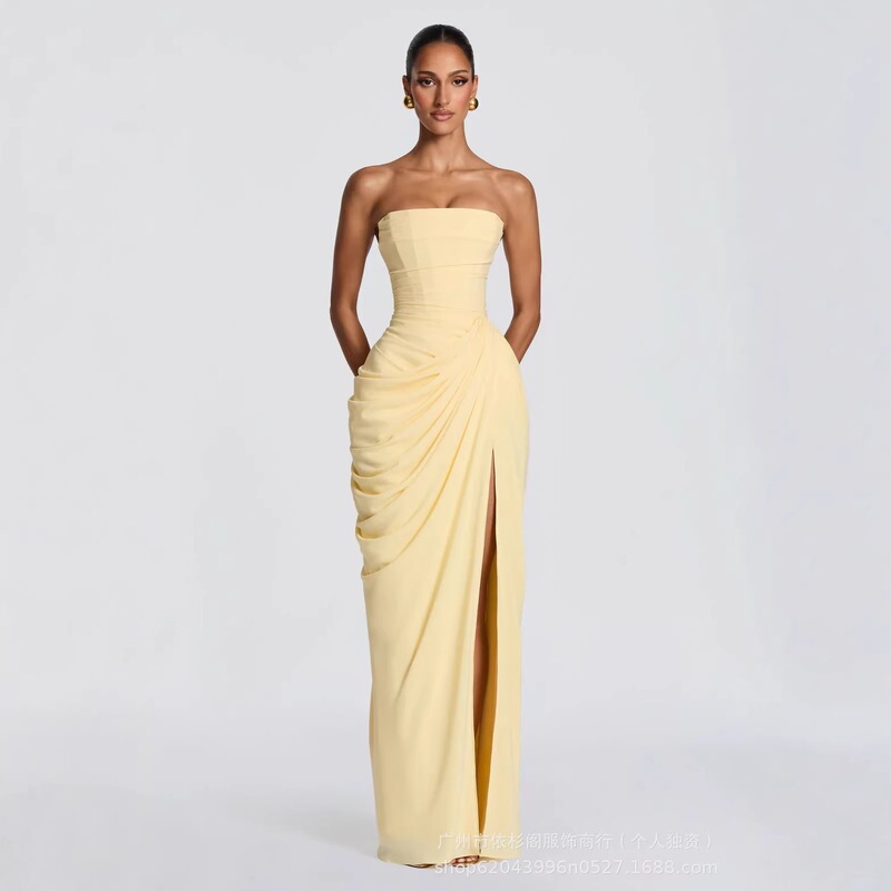 2026 Amazon In-Stock New Women's One-Shoulder Strapless Solid Color Slit Fashion Sexy Backless Evening Dress 2026 Amazon In-Stock New Women's One-Shoulder Strapless Solid Color Slit Fashion Sexy Backless Evening Dress