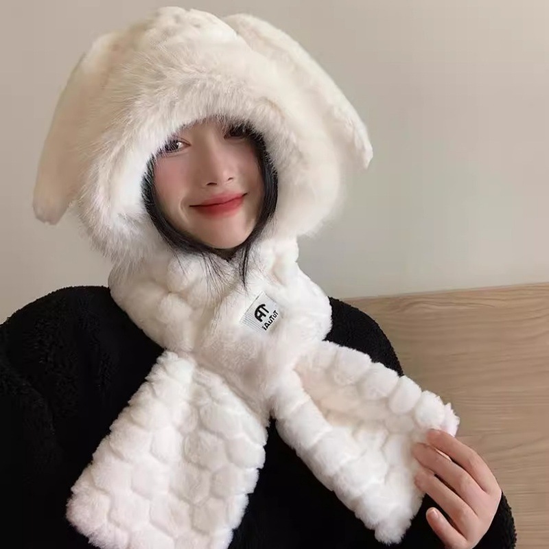 Cute Bunny Scarf Combo For Women Winter Korean Style Face Slimming Fleece Lined Thickened Plush Ear Protection Lei Feng_voghion.com