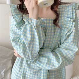 韩国ins女士睡裙秋季新款长袖裙甜美格子泡泡袖睡衣连衣裙家居服