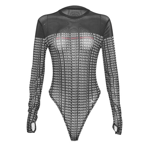 W198BS Western and Eastern Cross-Border 2024 Autumn New Round Neck Long Sleeve Letter Print Sheer Fitted Sexy Bodysuit