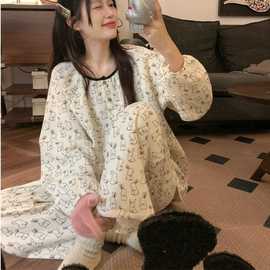 韩版可爱兔子空气棉夹棉睡衣女秋冬季加厚保暖网红风家居服两件套