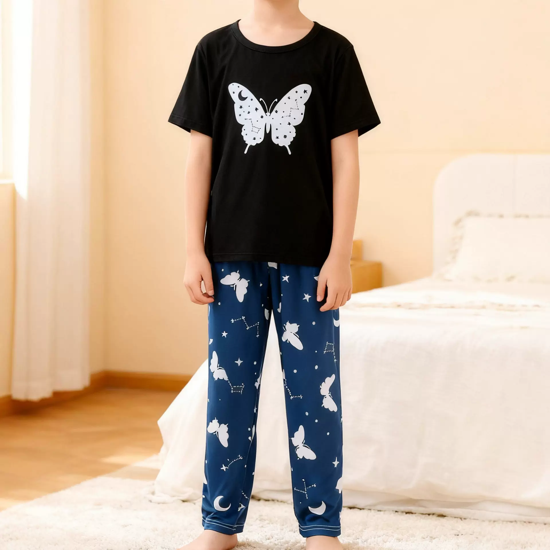 新款儿童短袖长裤睡衣套装3D数码印花休闲男女童家居服套装批发