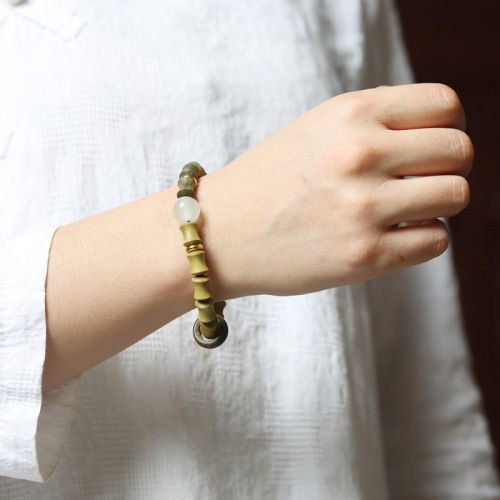 DIY Green Sandalwood Bamboo Knots High-Rising Moonstone Rope Bracelet with Running Ring for Men and Women, Cultural Art Beads and Rosaries